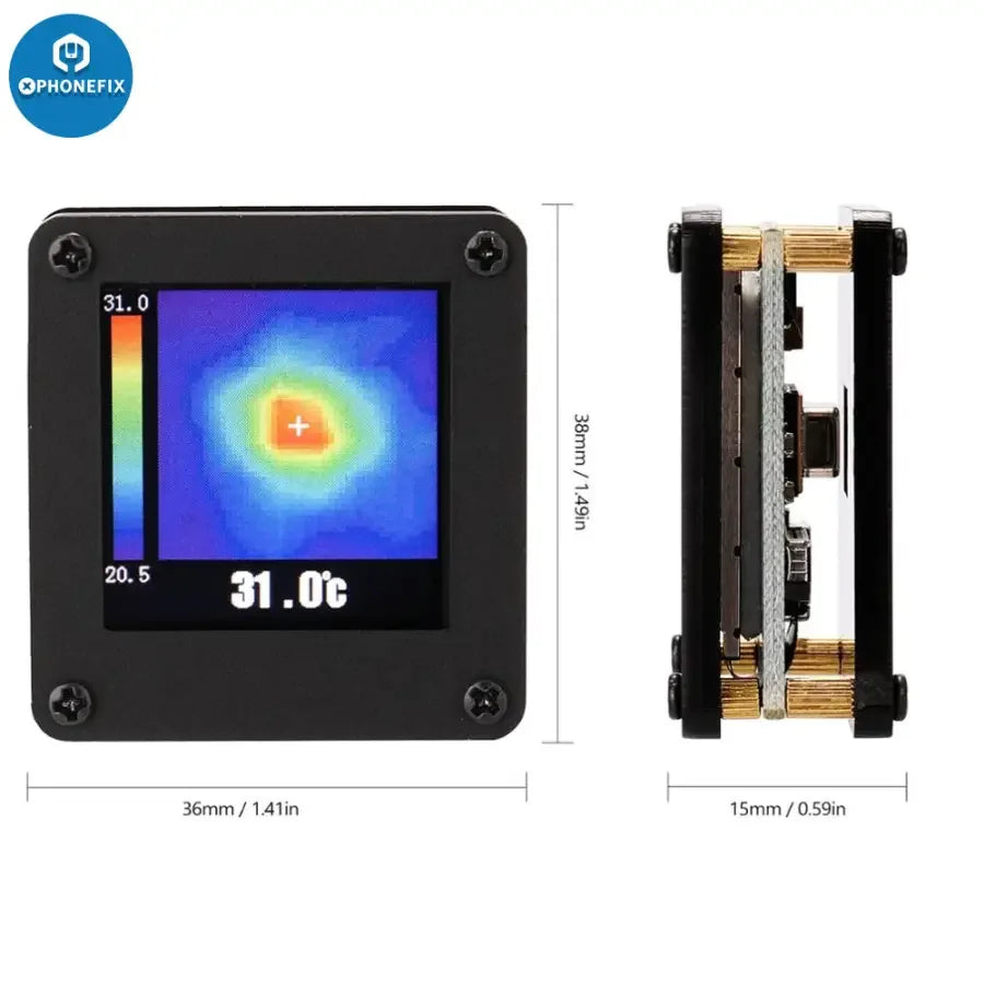AMG8833 infrared thermal imaging camera by PHONEFIX showing a thermal sensor device with heat map display in use.