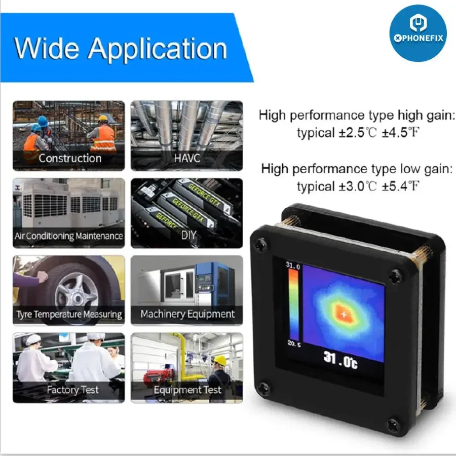 AMG8833 infrared thermal imaging camera by PHONEFIX showing thermal sensor with colorful heat map display