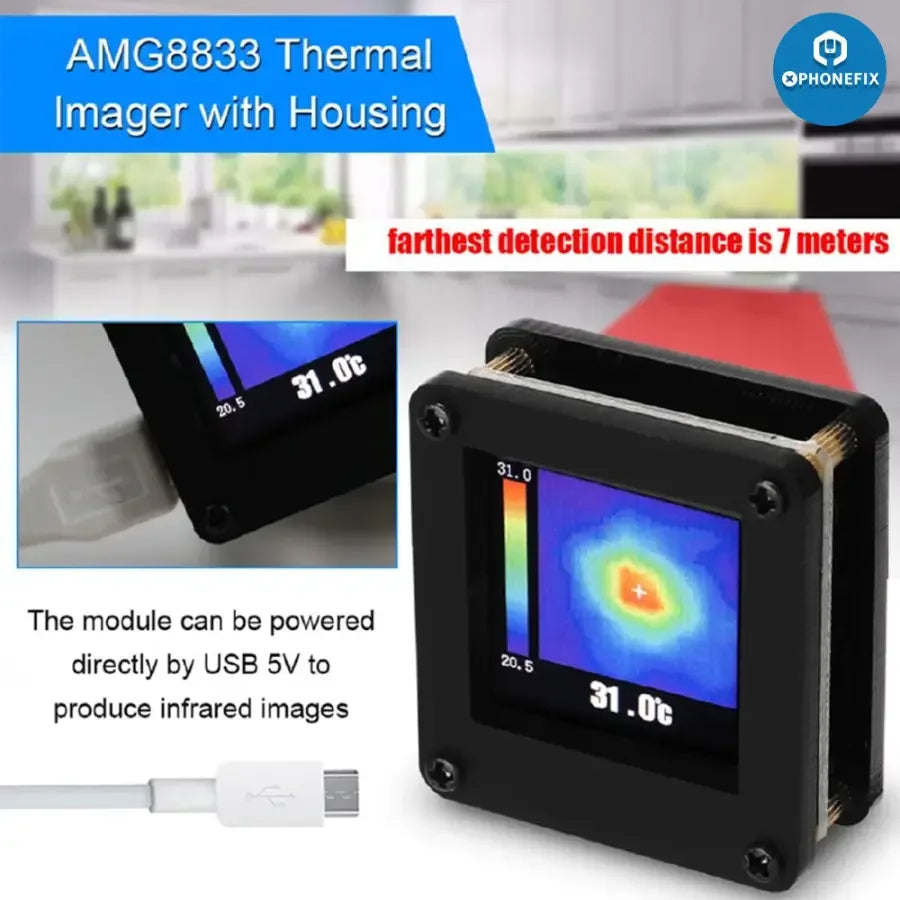 AMG8833 Infrared Thermal Imager Thermograph Camera by PHONEFIX showing the compact thermal imaging device with sensor details.