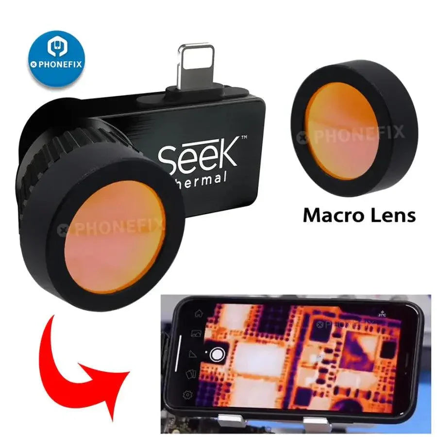 Extend macro lens parts for SEEK Thermal Camera, shown with components and attachments for enhanced thermal imaging.