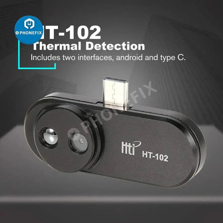 HT-102 Thermal Imaging Temperature Detector for Android Type C, handheld thermal camera by PHONEFIX showing temperature display on screen.