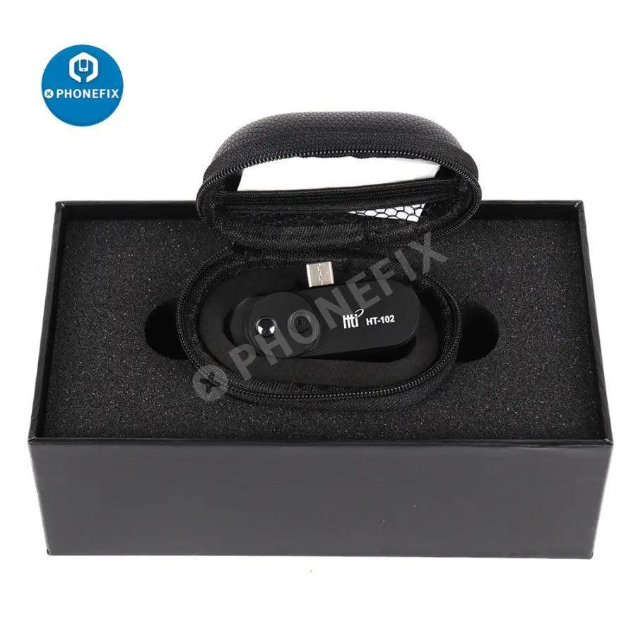 HT-102 thermal imaging temperature detector for Android Type C, PHONEFIX thermal camera showing infrared view on a smartphone screen.