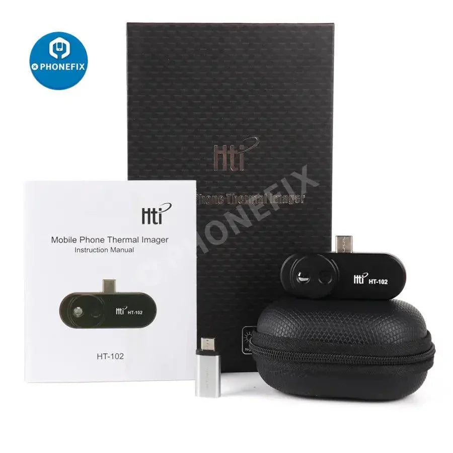 HT-102 Thermal Imaging Temperature Detector for Android Type C by PHONEFIX, showing the compact thermal camera device connected to a phone.