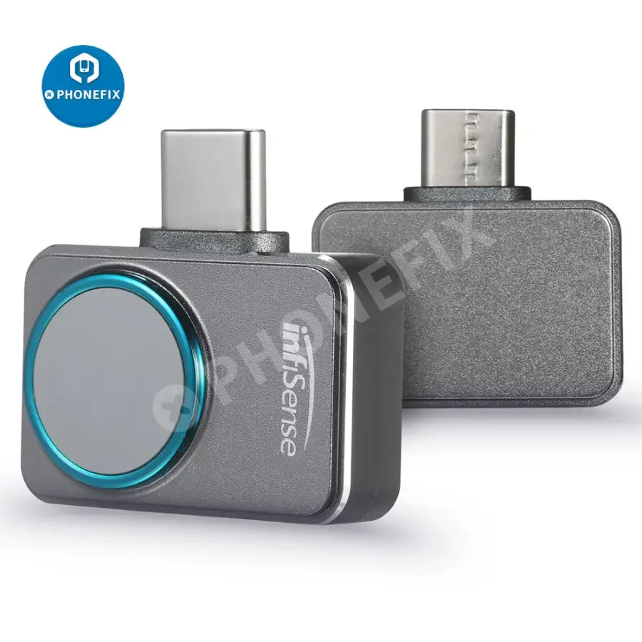 Infisense P2 Mini Infrared Thermal Imager for PCB inspection, compact thermal imaging camera by PHONEFIX, showing thermal heat signatures.