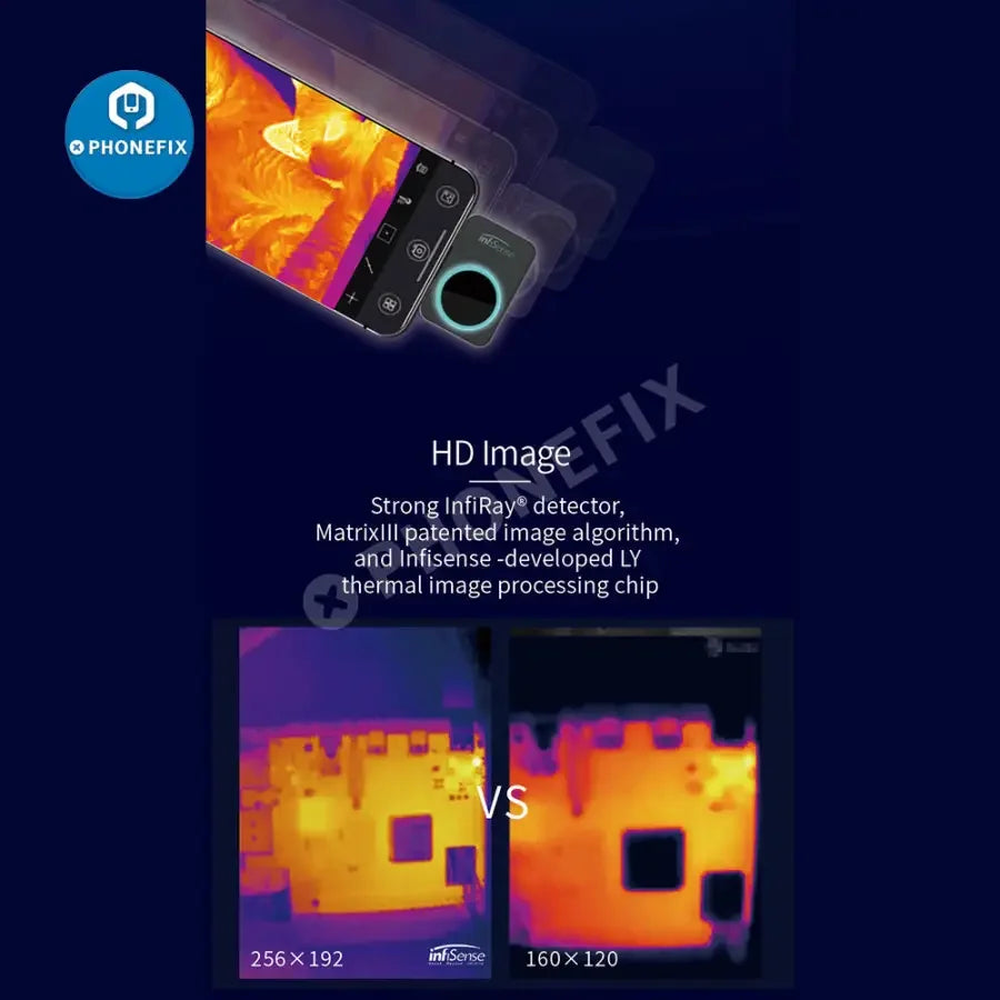 Phonefix Infisense P2 Mini infrared thermal imaging camera for PCB inspection, showing thermal heat map on circuit boards.