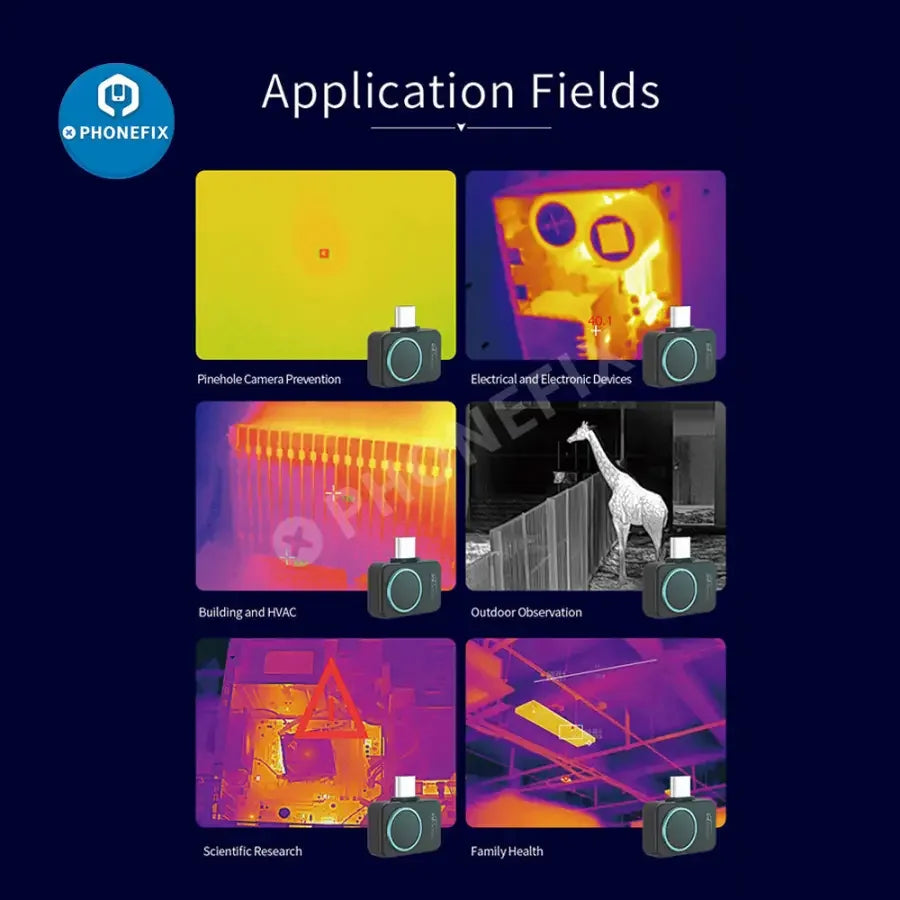 PHONEFIX Infisense P2 Mini Infrared Thermal Imager for PCB inspection, compact thermal imaging camera showing heat signatures.