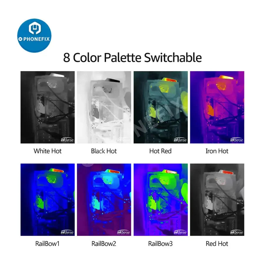 PHONEFIX Infisense P2 Mini Infrared Thermal Imager for PCB inspection, compact thermal imaging camera showing heat patterns on circuit boards.