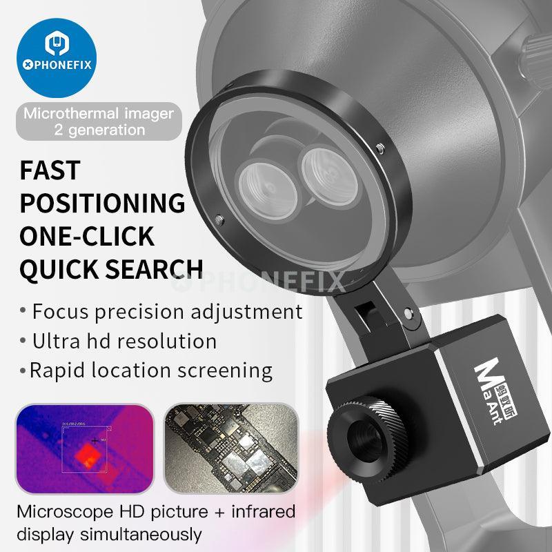 PHONEFIX MaAnt Microscope Thermal Imager camera for motherboard fault diagnosis, showing thermal heat patterns on electronic components.