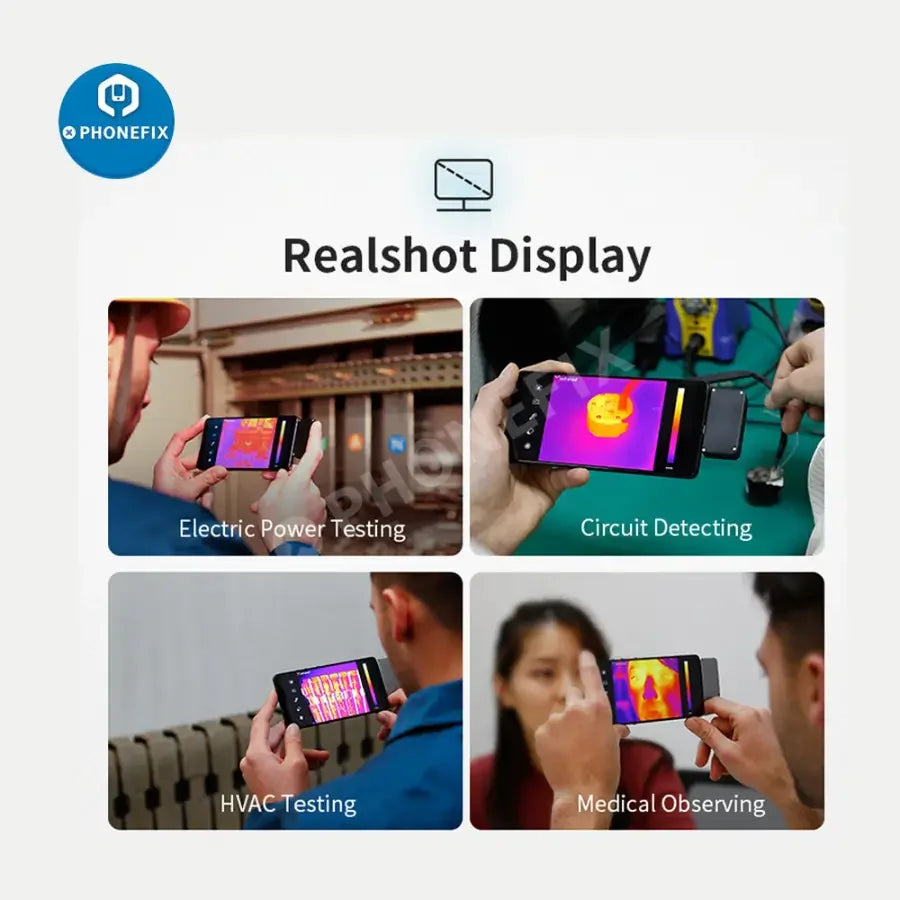 PhoneFix T2L smart phone infrared thermal imaging camera showing thermal images on a smartphone screen.