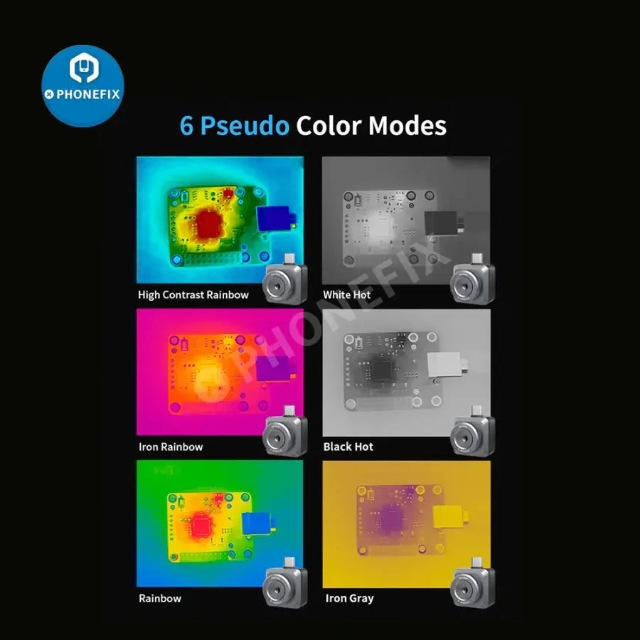 PHONEFIX T2L Smart Phones Infrared Thermal Imaging Camera showing thermal images on a smartphone screen.
