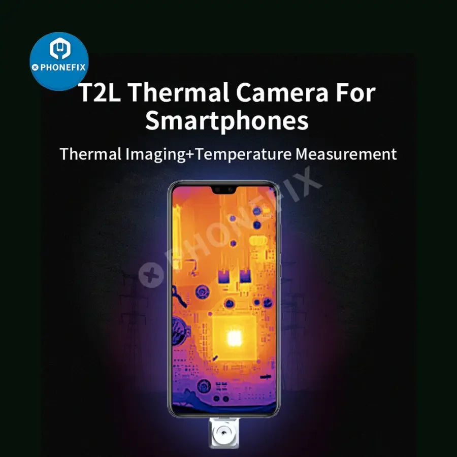 PHONEFIX T2L Smart Phones Infrared Thermal Imaging Camera showing thermal heat patterns on a smartphone screen.