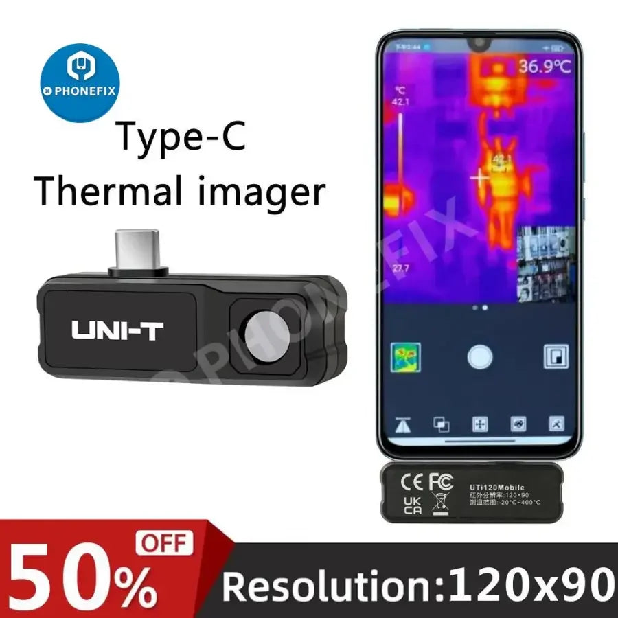 PHONEFIX UTi120 Thermal Imager Infrared Camera for Android phones with Type-C port, used for thermal imaging and temperature detection.