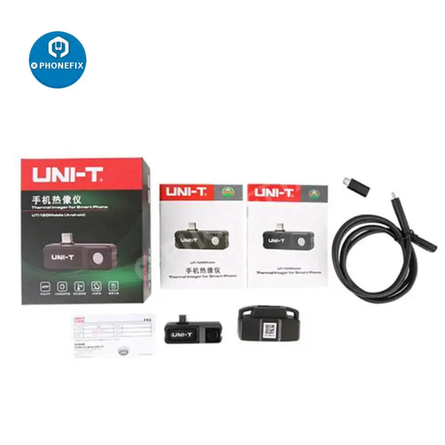PHONEFIX UTi120 Thermal Imager Infrared Camera attached to Android phone with Type-C port, capturing thermal images for temperature detection.