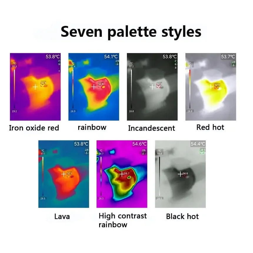 PHONEFIX UTi120 thermal imaging camera attached to an Android smartphone showing infrared thermal images.