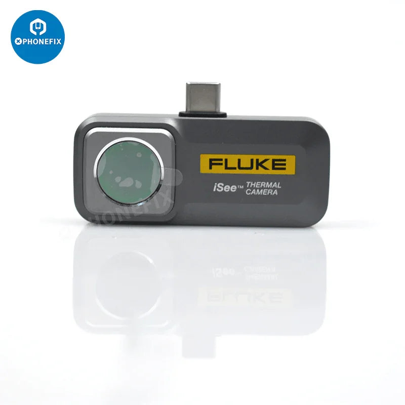 Fluke iSee Thermal Imager Camera by PHONEFIX showing thermal imaging screen for motherboard fault diagnosis.