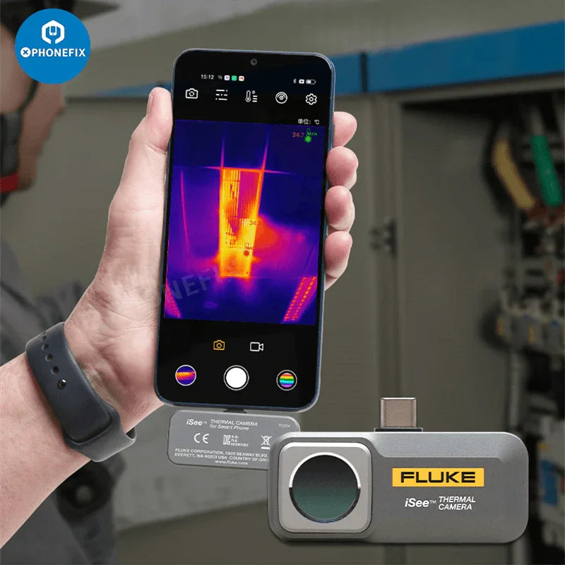 Fluke iSee thermal imaging camera for motherboard fault diagnosis, compact diagnostic tool with infrared thermal imaging.