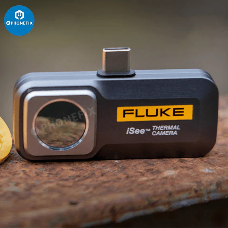 Fluke iSee thermal imaging camera for motherboard fault diagnosis, showing thermal heat map on electronic components.