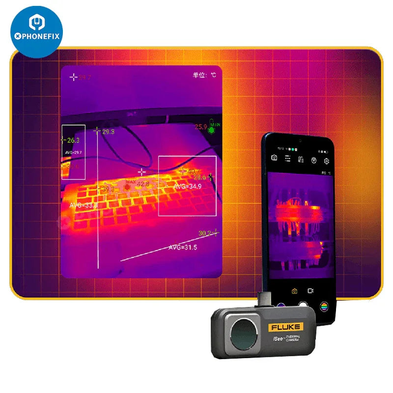 Fluke iSee thermal imaging camera for motherboard fault diagnosis, showing thermal heat map of electronic components.