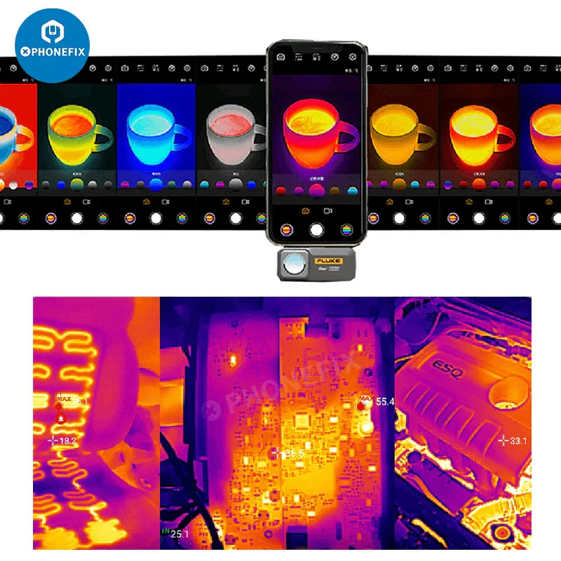 Fluke iSee thermal imaging camera for motherboard fault diagnosis, showing thermal heat patterns on electronic components.