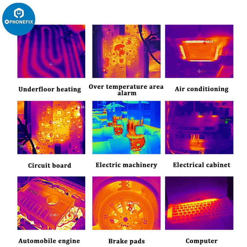 Fluke iSee thermal imaging camera for motherboard fault diagnosis, showing thermal heat patterns on electronic components.