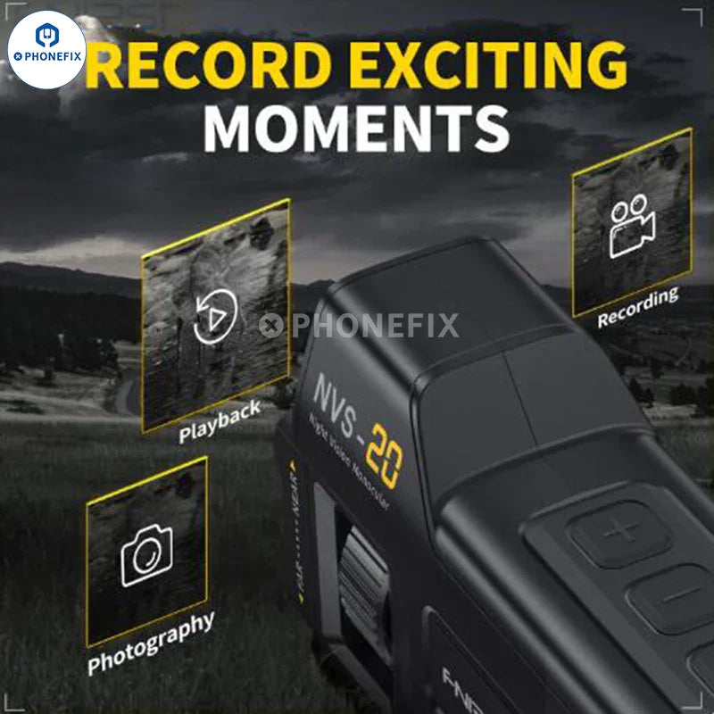 PhoneFix FNIRSI NVS-20 4K 6X infrared night vision thermal imaging camera with digital zoom, showcasing lens and display in use.