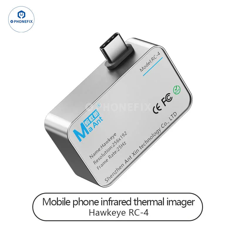 PHONEFIX MaAnt RC-3 RC-4 Hawkeye infrared thermal imaging camera for PCB diagnosis, showing thermal heat patterns on a circuit board.