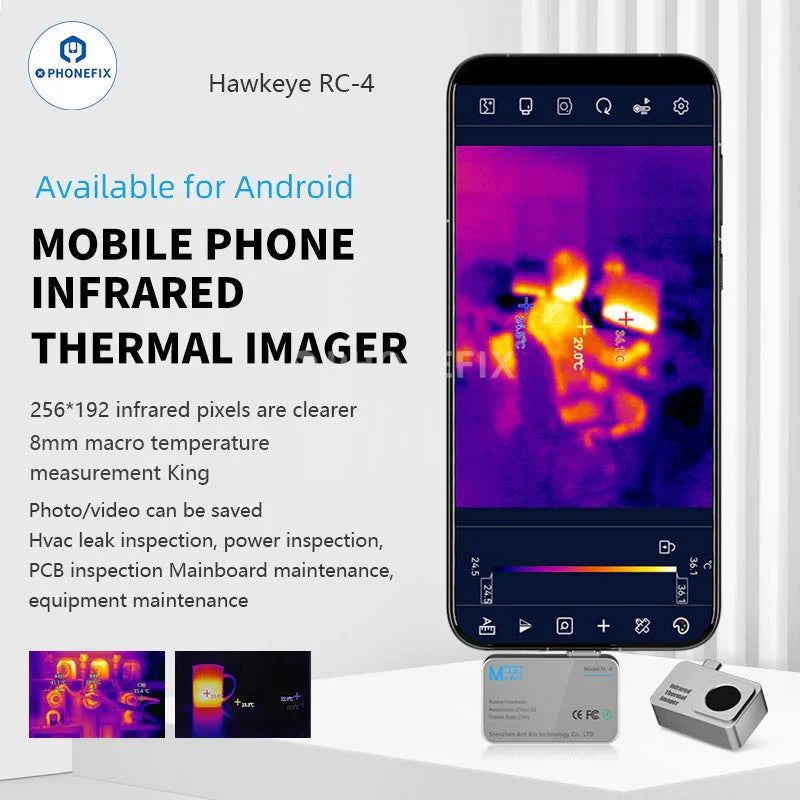 PHONEFIX MaAnt RC-3 RC-4 Hawkeye infrared thermal imaging camera for PCB diagnosis, showing thermal heat patterns on electronic boards.