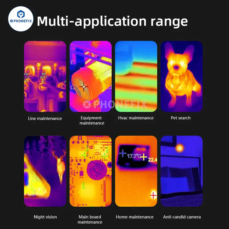 PHONEFIX MaAnt RC-3 RC-4 Hawkeye infrared thermal imaging camera for PCB diagnosis, showing thermal heat signatures on circuit boards.