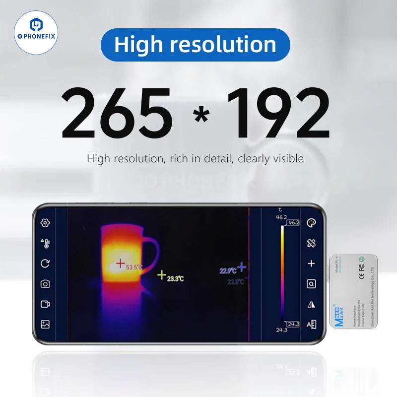 PHONEFIX MaAnt RC-3 RC-4 Hawkeye infrared thermal imaging camera for PCB diagnosis, showing thermal heat signatures on circuit boards.