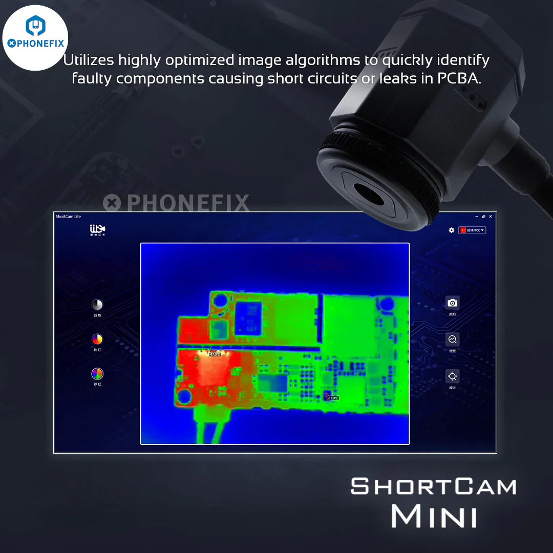 PHONEFIX IIT ShortCam infrared thermal imaging camera detecting heat patterns on a PCB board for diagnostics and fault analysis.