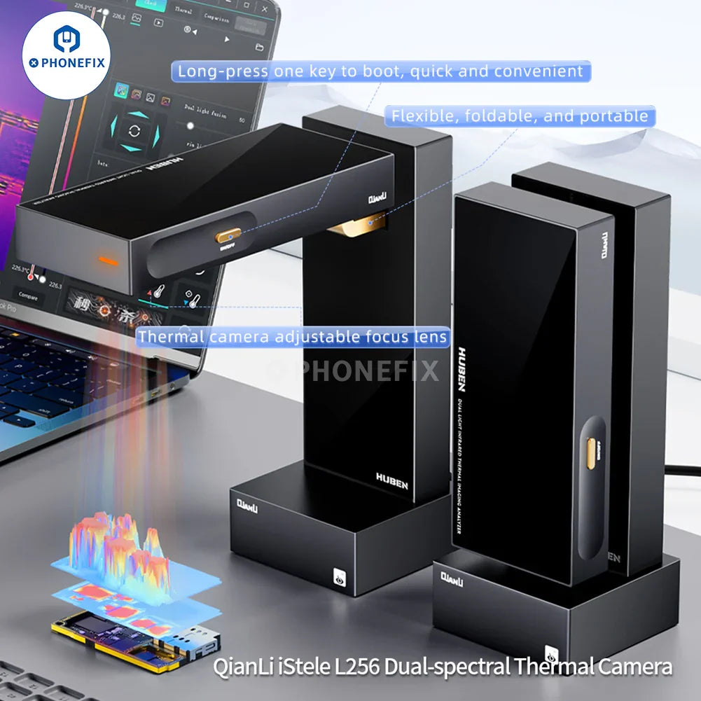 QianLi L256 iStele dual-spectral thermal imaging camera for PCB leakage detection, showing thermal patterns on circuit boards.