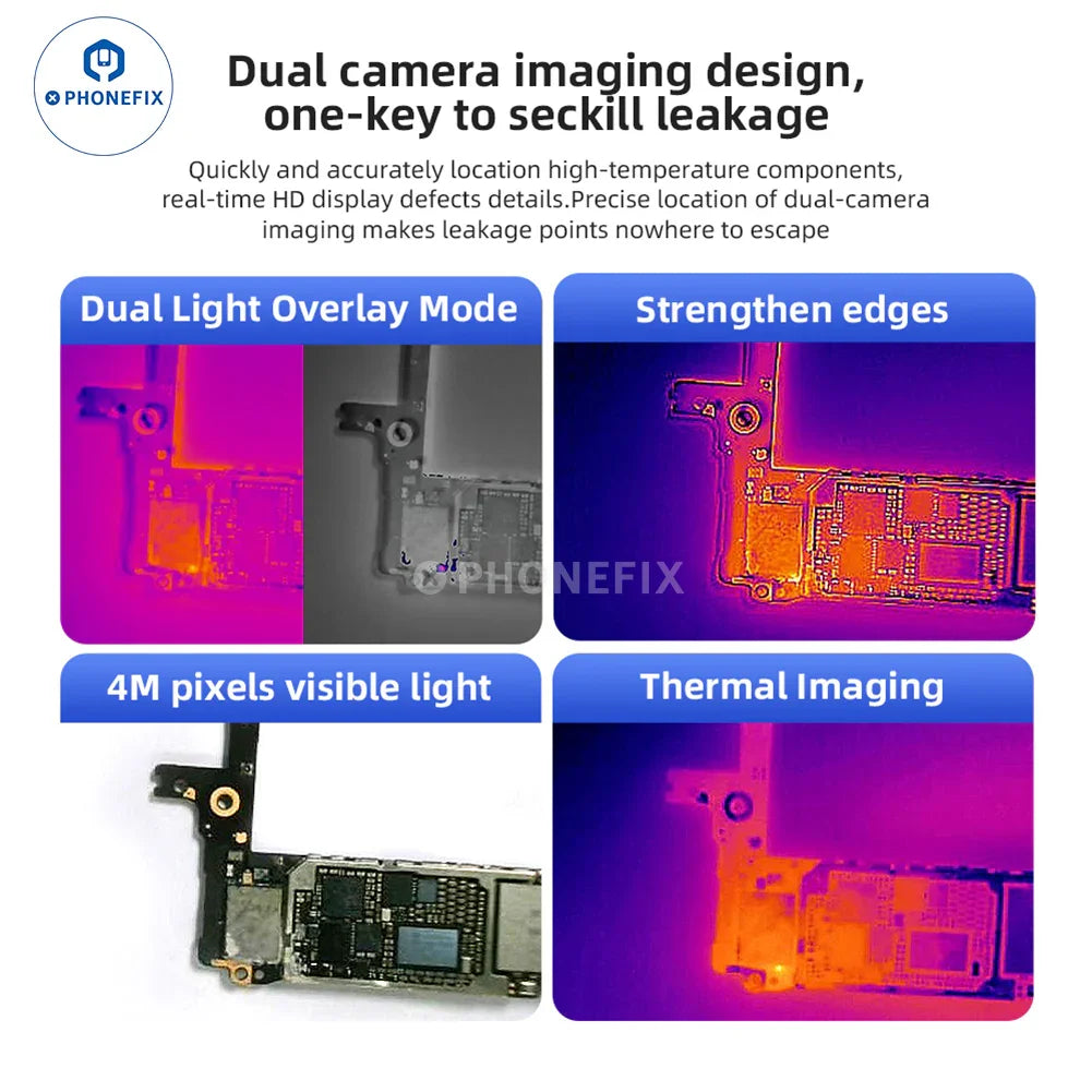 QianLi L256 iStele dual-spectral thermal imaging camera capturing thermal patterns on a circuit board for PCB leakage detection.