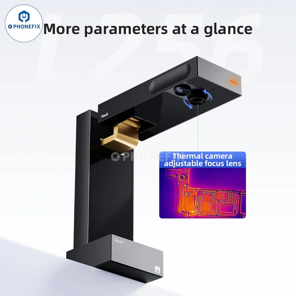 QianLi L256 iStele dual-spectral thermal imaging camera for PCB leakage detection, showing thermal patterns on electronic circuit boards.