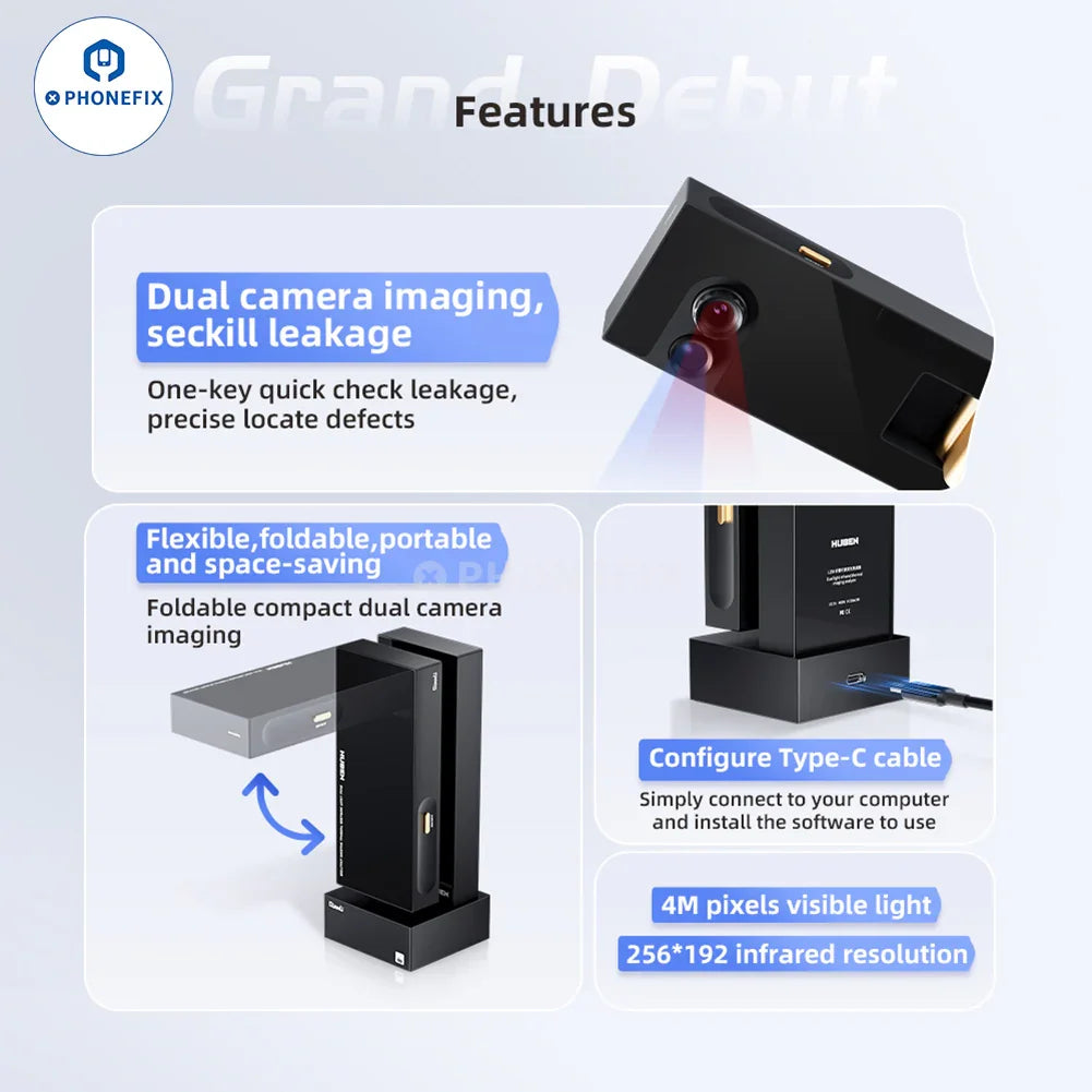 QianLi L256 iStele dual-spectral thermal imaging camera used for PCB leakage detection, with thermal images displaying hot spots and cold areas.