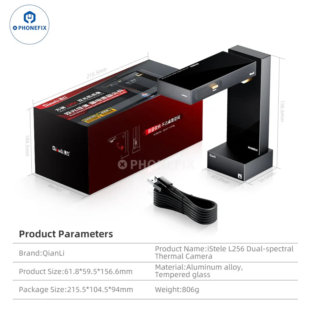 QianLi L256 iStele dual-spectral thermal imaging camera capturing thermal patterns for PCB leakage detection, black and orange device