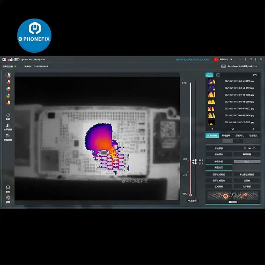 Thermal Imager Camera Qianli Toolplus Super Cam X for 3D PCB fault detection, showing thermal heat signatures on electronic circuits.