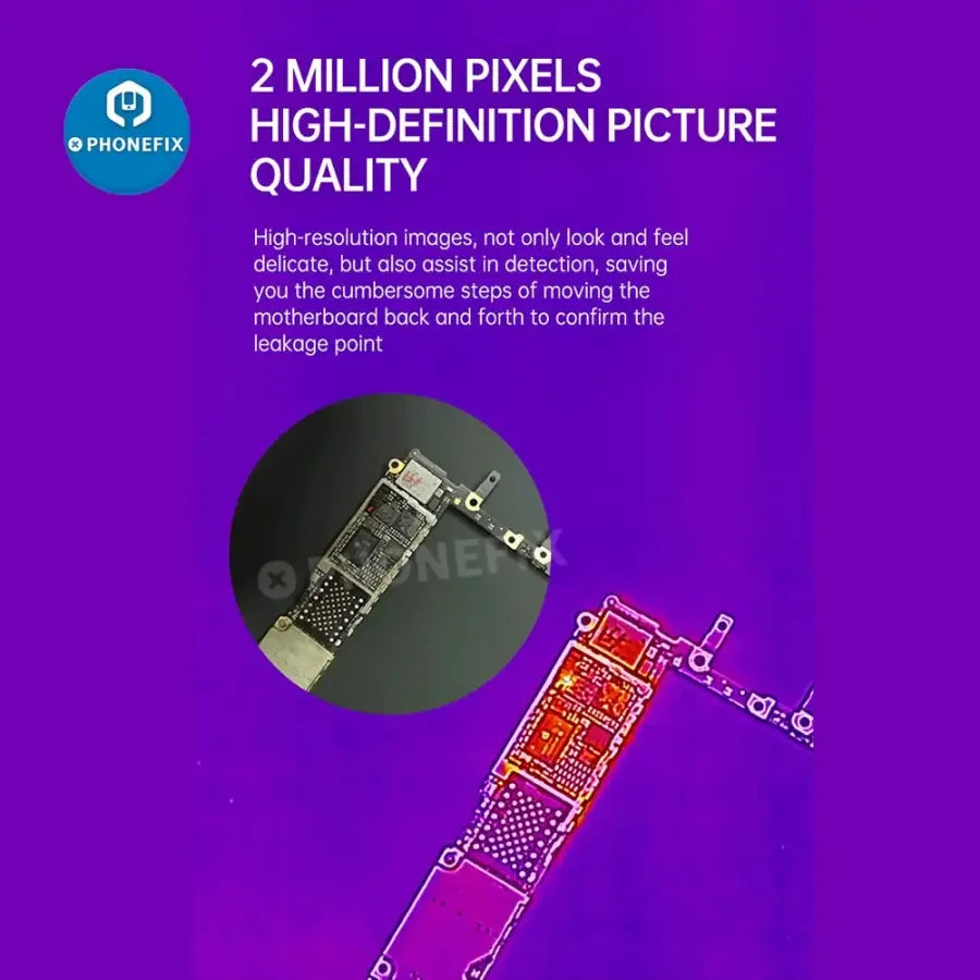 Qianli Toolplus Super Cam X thermal imaging camera for PCB fault detection, showing thermal heat map on circuit board.