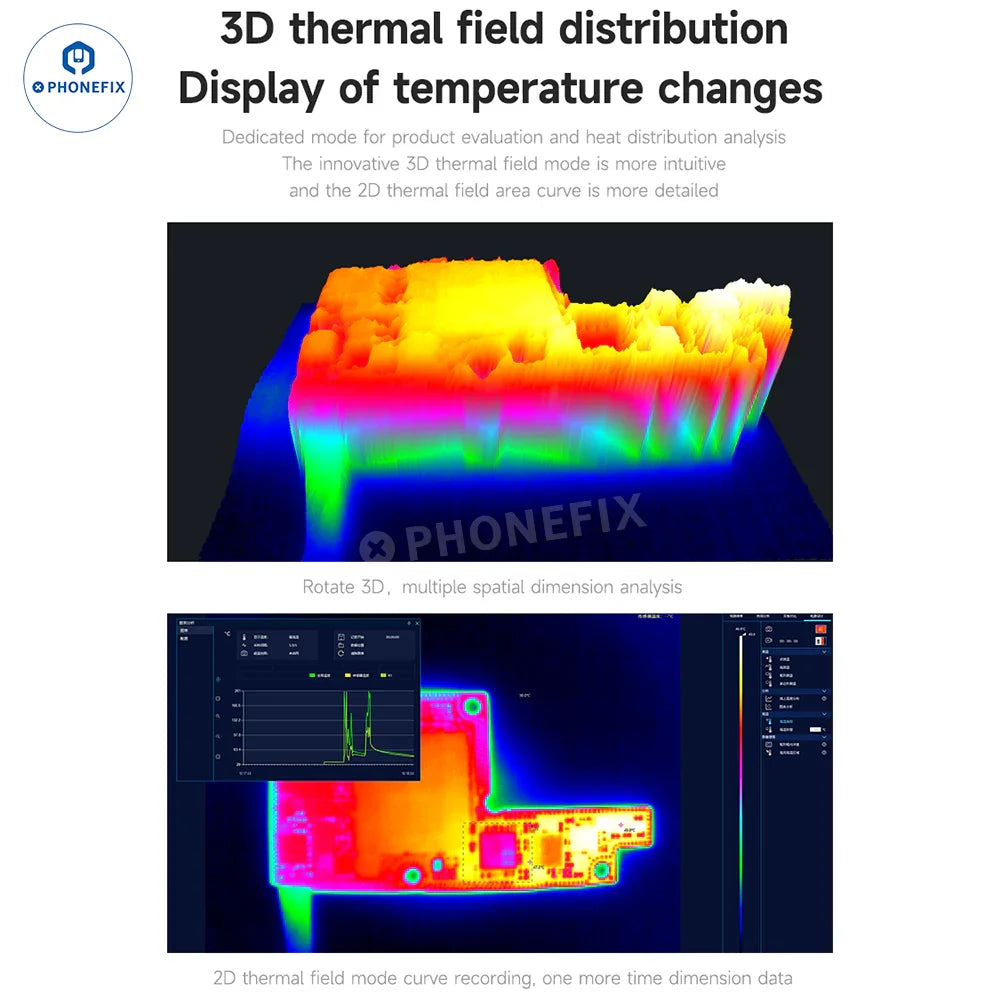 PHONEFIX iScout thermal imaging camera motherboard fault analyzer showing thermal image of electronic components on a circuit board.