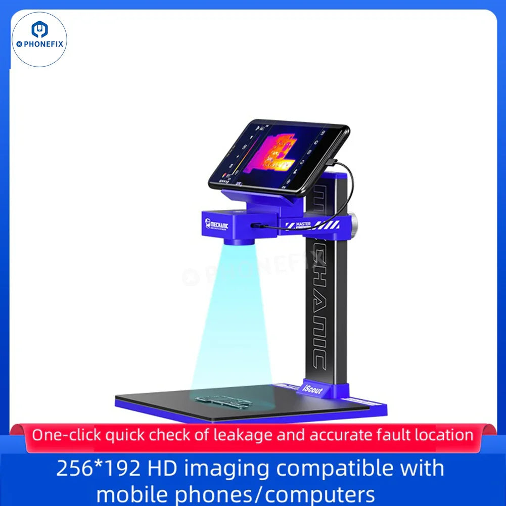Thermal imaging camera motherboard fault analyzer by PHONEFIX, showing a device with a thermal screen and inspection controls.
