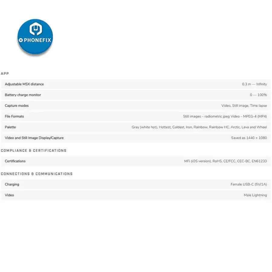 PhoneFix FLIR ONE PRO thermal imaging camera for phone PCB fault diagnosis, showing thermal view on a smartphone screen.