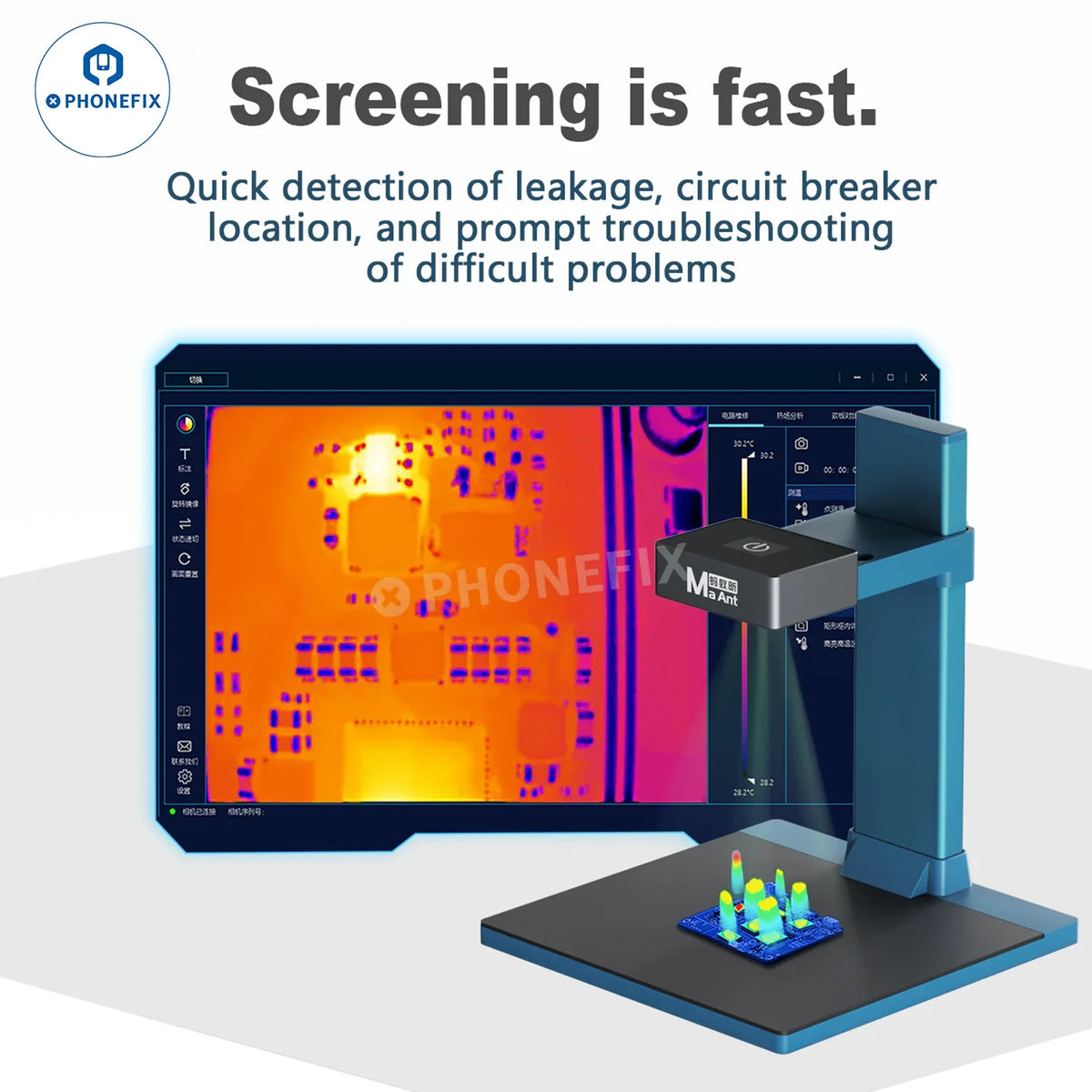 MaAnt RC-5 infrared thermal imaging camera showing heat map on electronic circuit board for PCB IC fault analysis.