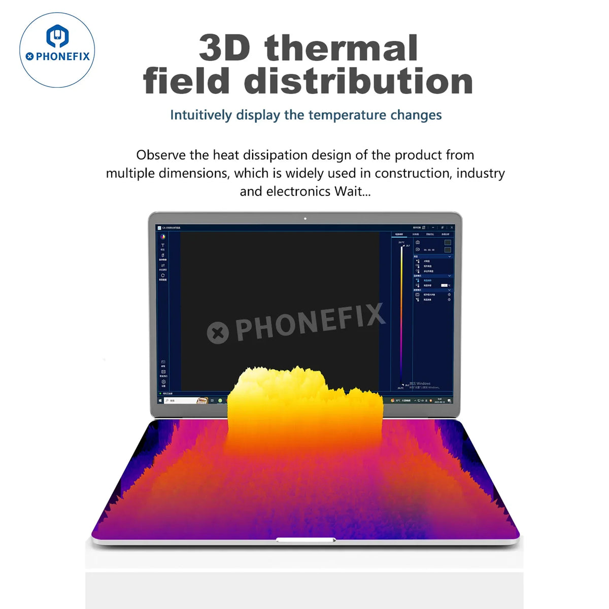 MaAnt RC-5 infrared thermal imaging camera from PHONEFIX showing thermal heat map of PCB with IC fault analysis.