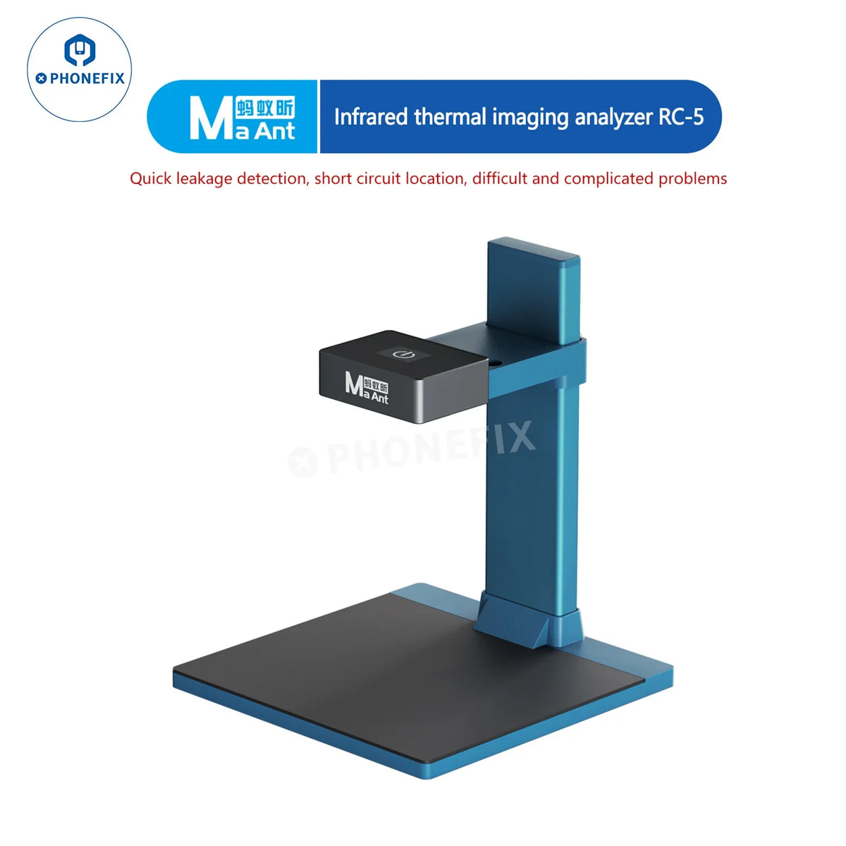 MaAnt RC-5 Infrared thermal imaging camera capturing PCB IC faults, used for precise electronic diagnostics and fault analysis.