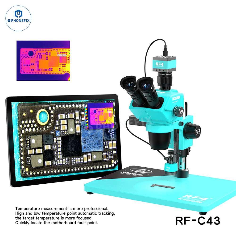RF4 RF-C43 RF-C43B thermal imaging camera motherboard fault detection device by PHONEFIX, showing internal circuit board and components.