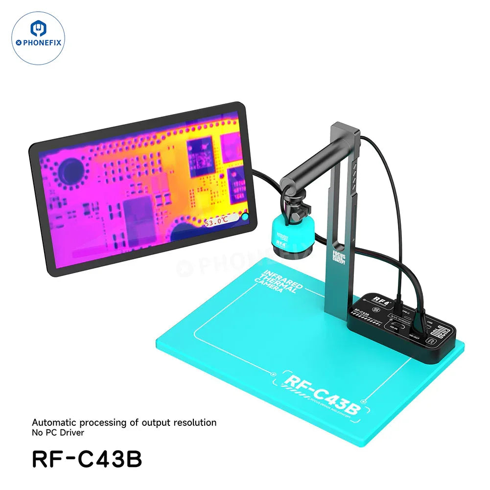 RF4 RF-C43 RF-C43B thermal imaging camera motherboard fault detection device by PHONEFIX, showing internal electronic components in use.