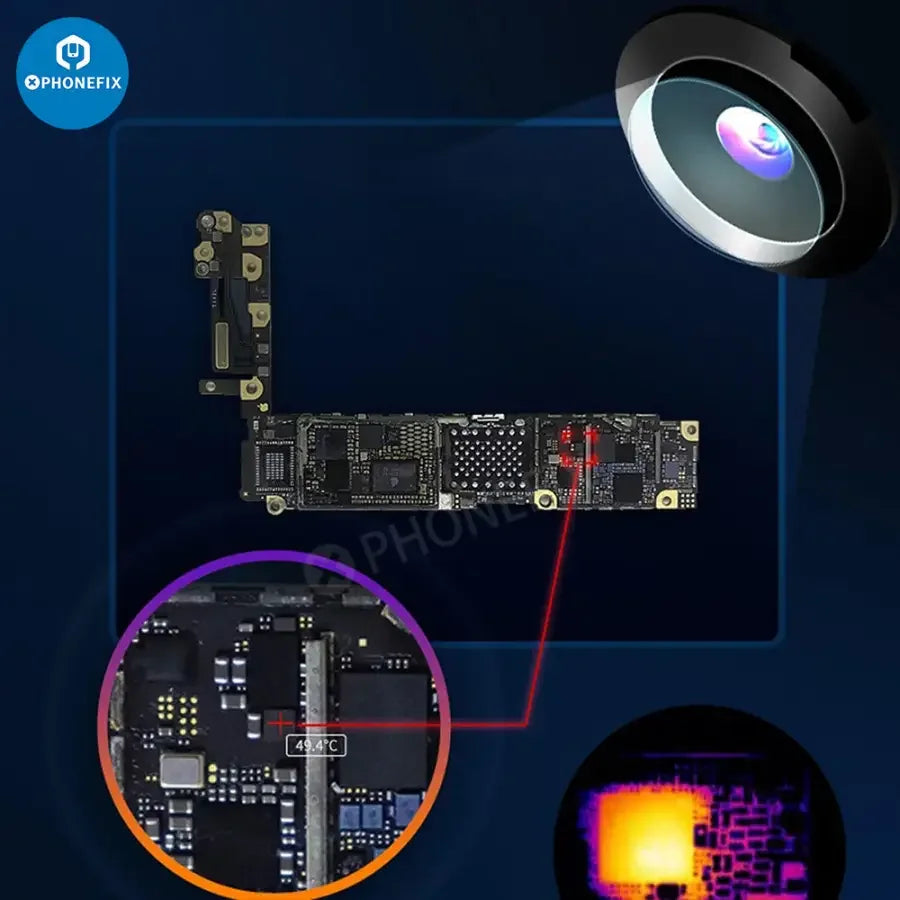 Caméra thermique infrarouge ShortCam II de PHONEFIX pour le diagnostic et la réparation de circuits imprimés, affichant un balayage thermique.