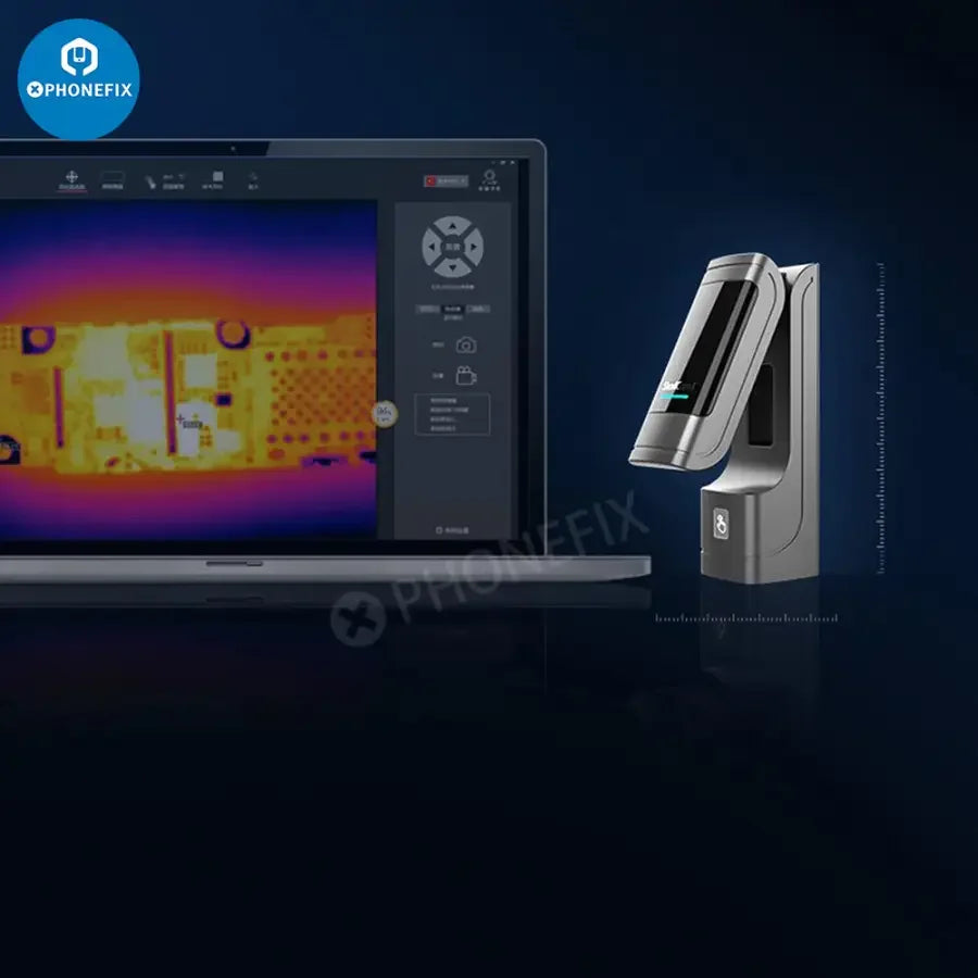 Caméra thermique infrarouge ShortCam II de PHONEFIX pour le diagnostic et la réparation des circuits imprimés, affichant une cartographie thermique des cartes de circuits imprimés.