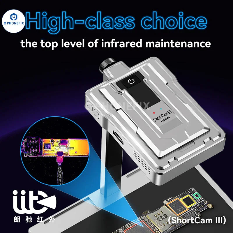 ShortCam III 4K dual-light thermal imaging camera by PHONEFIX showing thermal and visible images in a sleek design.
