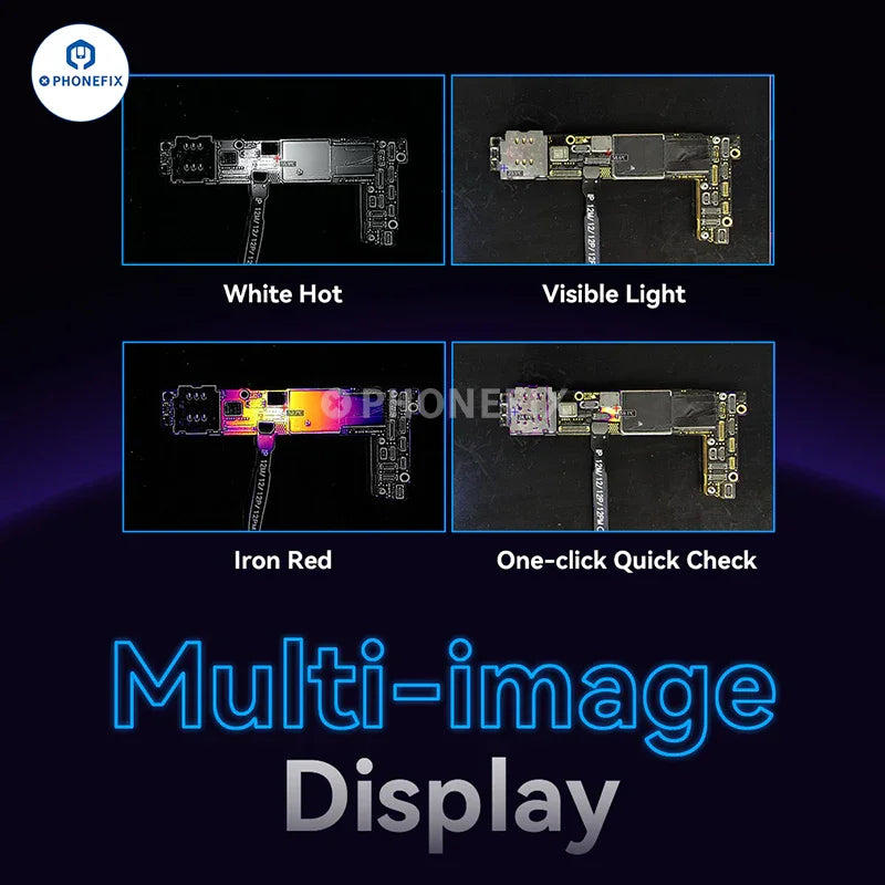 PhoneFix ShortCam III 4K dual-light thermal imaging camera showing thermal and visual images on a screen.