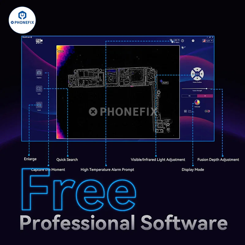 PhoneFix ShortCam III 4K dual-light thermal imaging camera showing thermal and visual images on a screen.